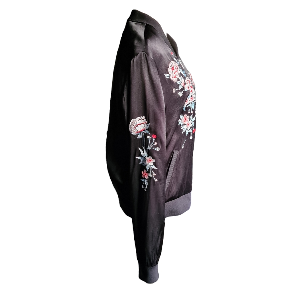 Glassons Size L Women's Black Satin Feel Floral Embroidered Bomber Jacket - Picture 3 of 13